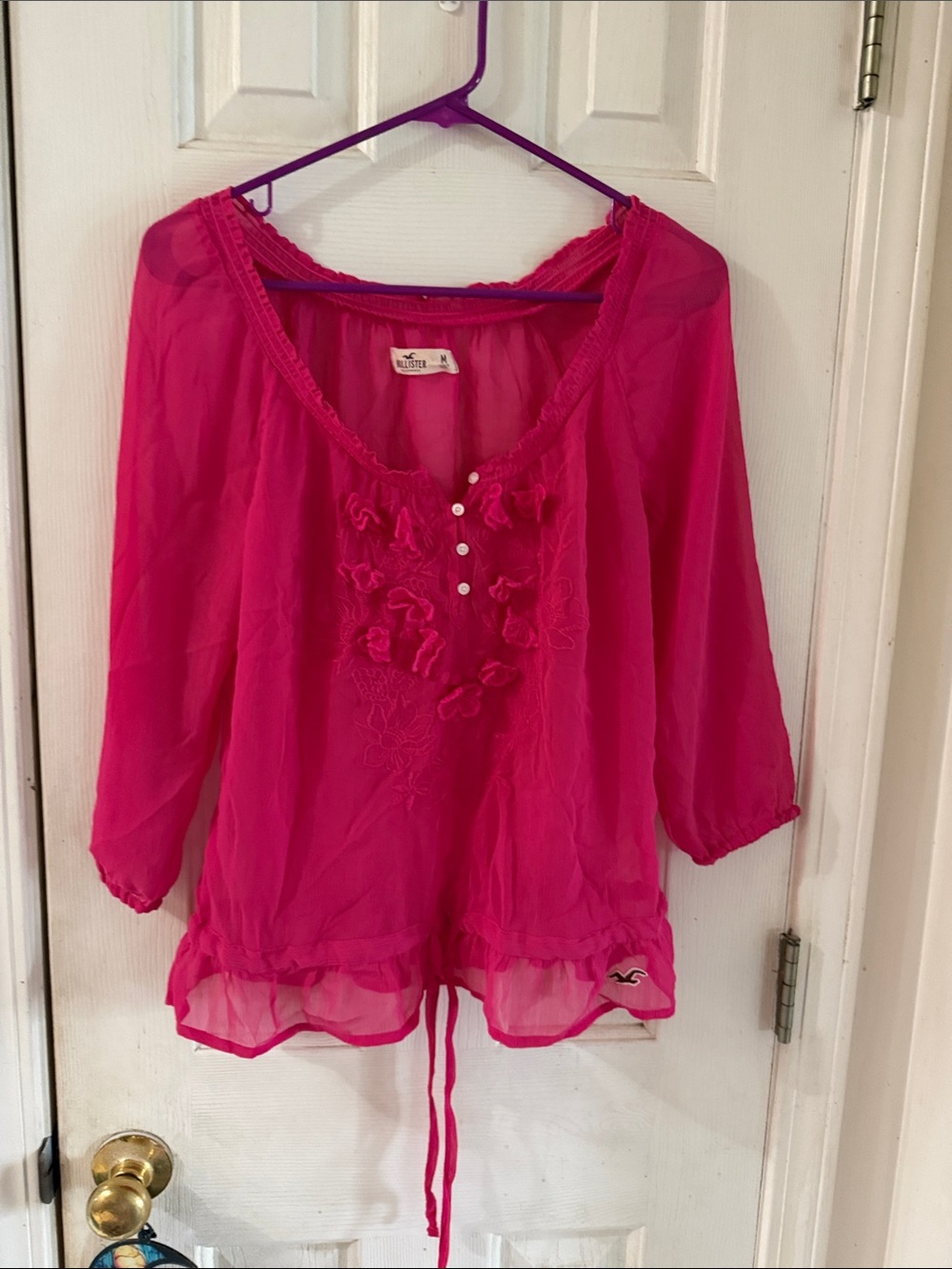 Hollister Bright Pink Sheer Ruffle Floral Peasant Blouse